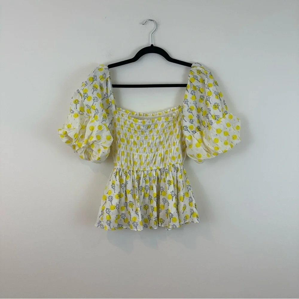 Ash & Eden Rucha Puff Sleeve Blouse In Yellow Patterned Size Small